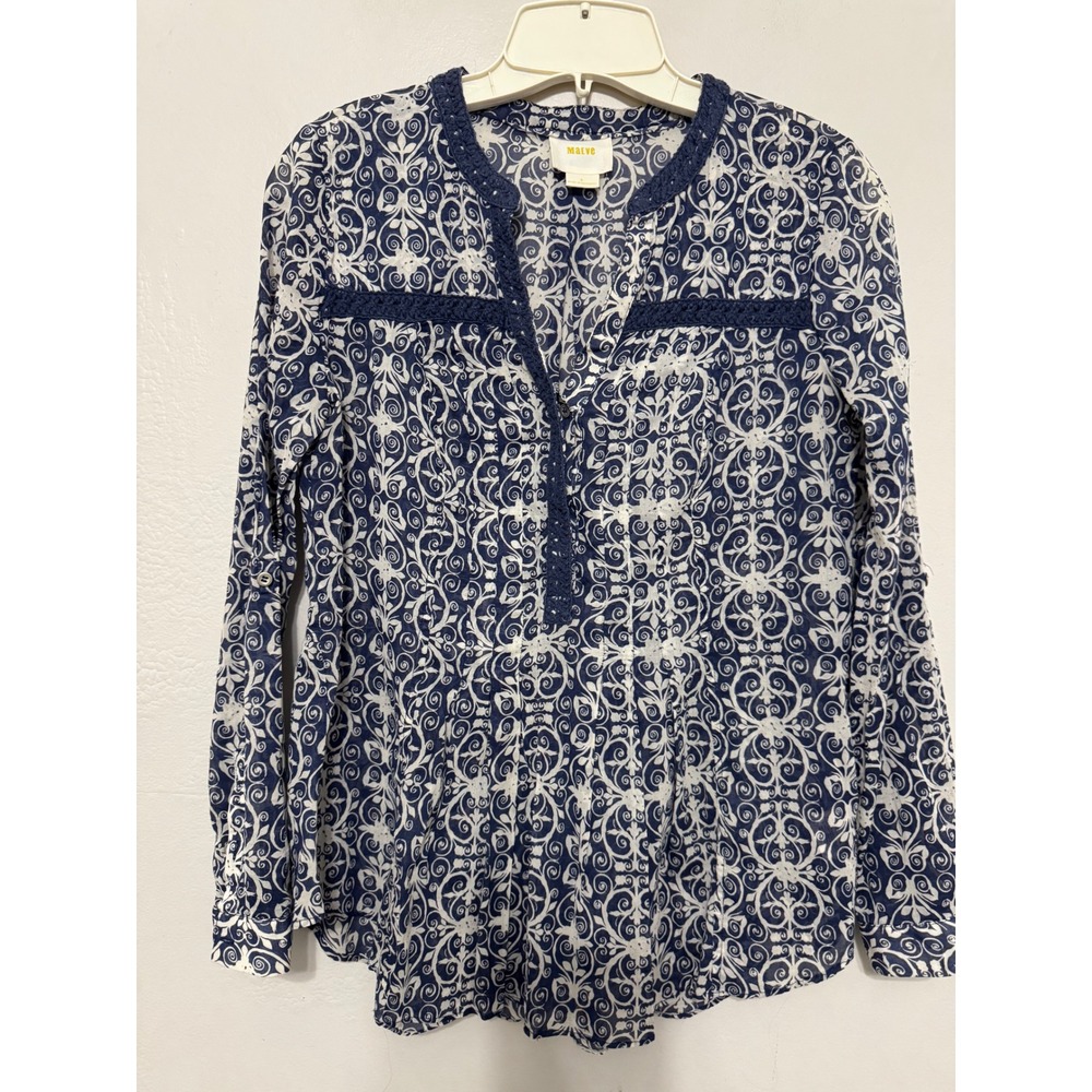 Maeve Anthropologie Navy White Damask Cotton Crochet Trim Peplum Blouse Size 0‎